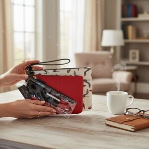 Minicci 3 Piece Makeup Cosmetic Travel Zipper Bag Set Shoes Lipstick Print NWT